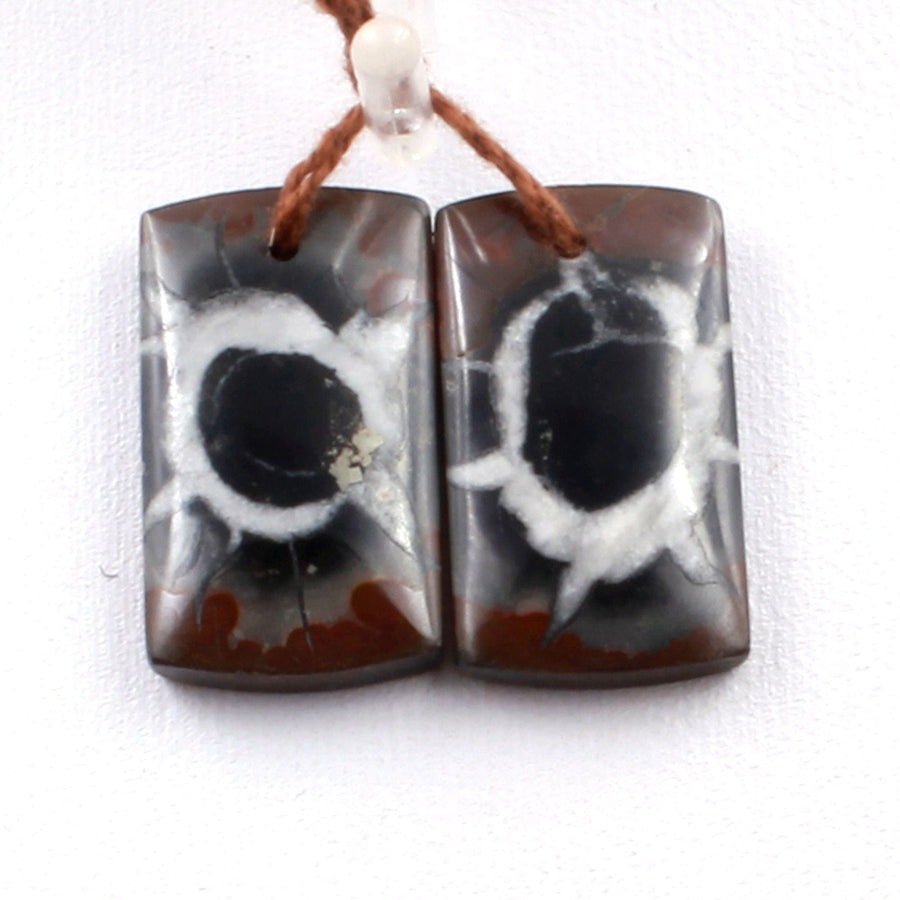 Natural Septarian Fossil Earring Pair Cabochon Cab Pair Drilled Short Square Rectangle Matched Earrings Black White Pattern Bead Pair