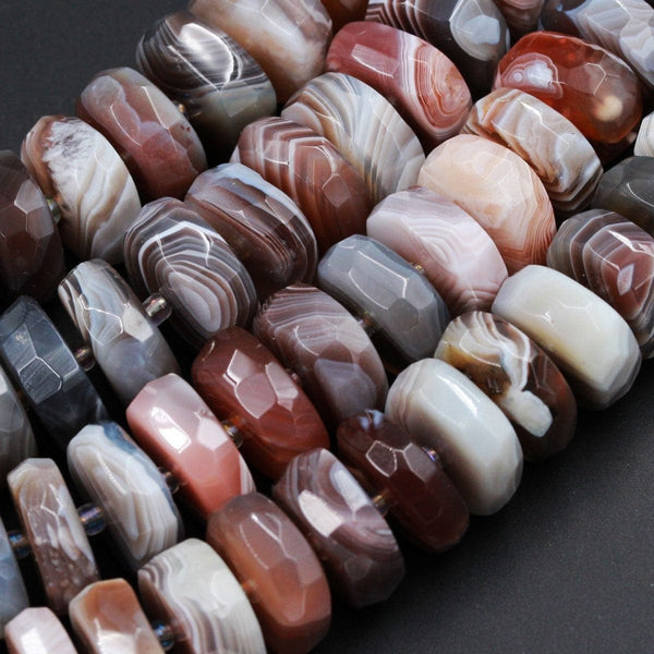 Large Chunky Natural Botswana Agate Faceted Rondelle Wheel Beads 16mm Statement Jewelry Beads 16" Strand