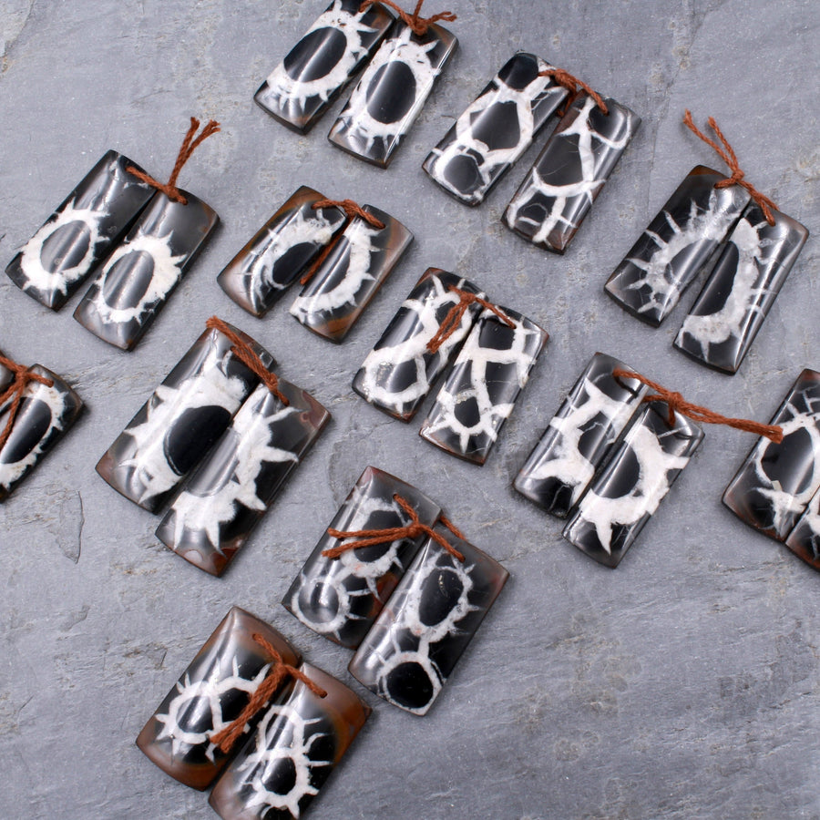 Natural Septarian Fossil Earring Pair Cabochon Cab Pair Drilled Rectangle Matched Earrings Black White Pattern Bead Pair