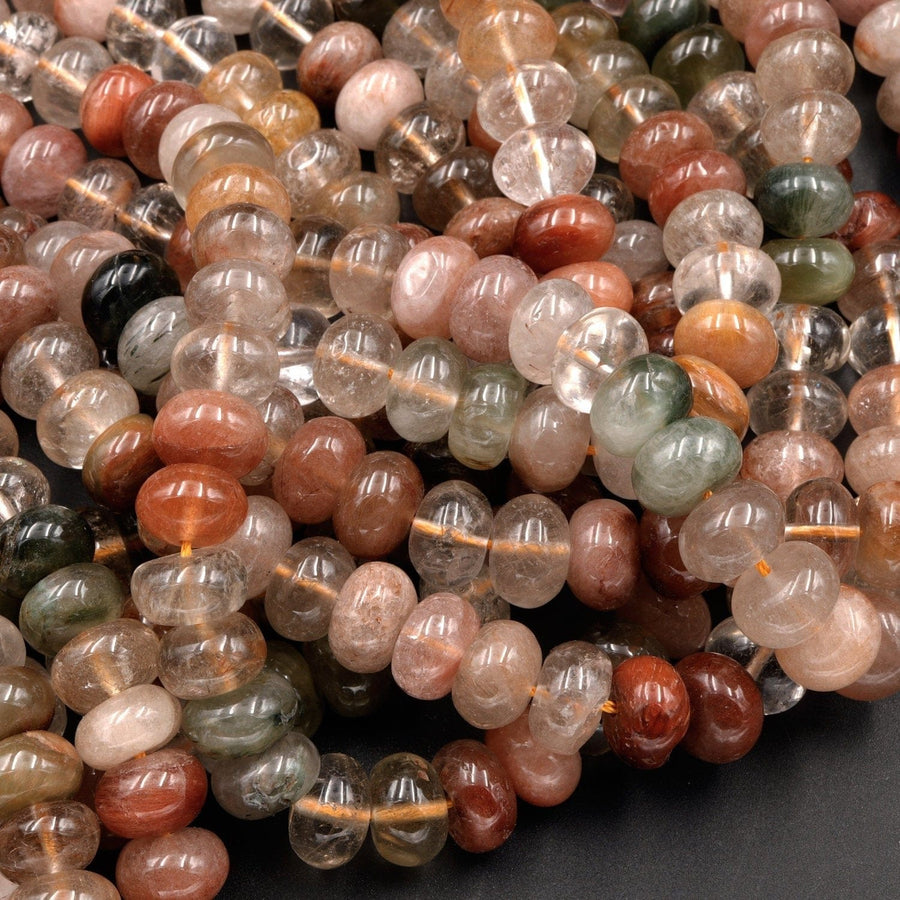 Natural Brazilian Quartz Rondelle Beads 8mm Golden Red Green Phantom Quartz Rutile Quartz Natural Crystal 16" Strand