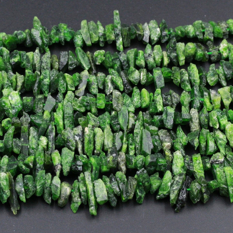 Raw Rough Matte Natural Green Chrome Diopside Beads Freeform Irregular Large Chip Nugget Real Genuine Chrome Diopside Gemstone 16" Strand