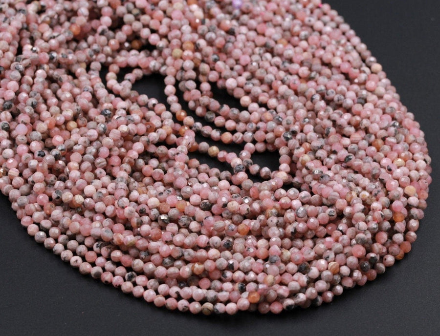 Micro Faceted Tiny Natural Pink Rhodochrosite 3mm Faceted Round Beads Laser Diamond Cut Gemstone 16" Strand