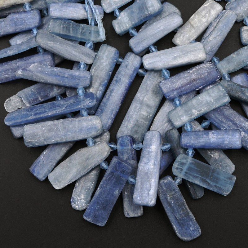 Side Drilled Raw Natural Blue Kyanite Long Rectangle Bead Focal Pendant Quality Freeform Irregular Long Gemstone Beads Rough Cut 16" Strand