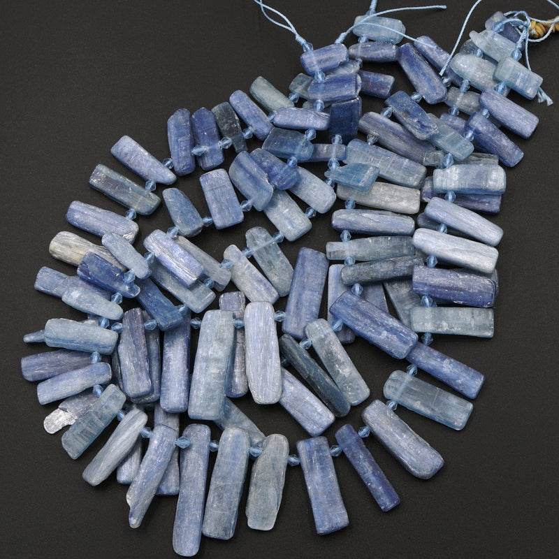 Side Drilled Raw Natural Blue Kyanite Long Rectangle Bead Focal Pendant Quality Freeform Irregular Long Gemstone Beads Rough Cut 16" Strand
