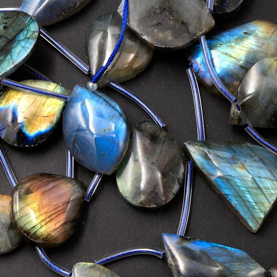 Natural Labradorite Beads Freeform Teardrop Shape Top Side Drilled Pendant Focal Tones of Blue Green Gold Flashes 16" Strand