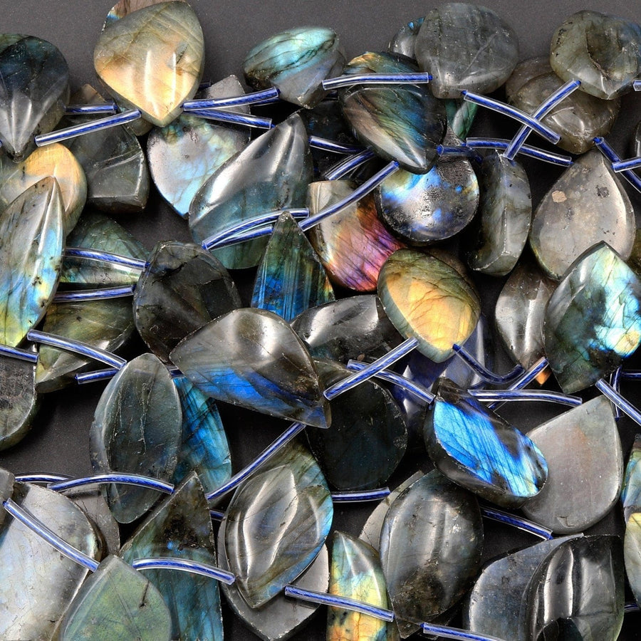 Natural Labradorite Beads Freeform Teardrop Shape Top Side Drilled Pendant Focal Tones of Blue Green Gold Flashes 16" Strand