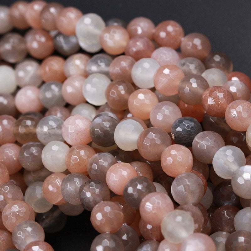 AA Faceted Multicolor Natural Creamy Peach Gray Moonstone 8mm Faceted Round Beads High Quality Micro Faceted Sparkling Gemstone 16" Strand