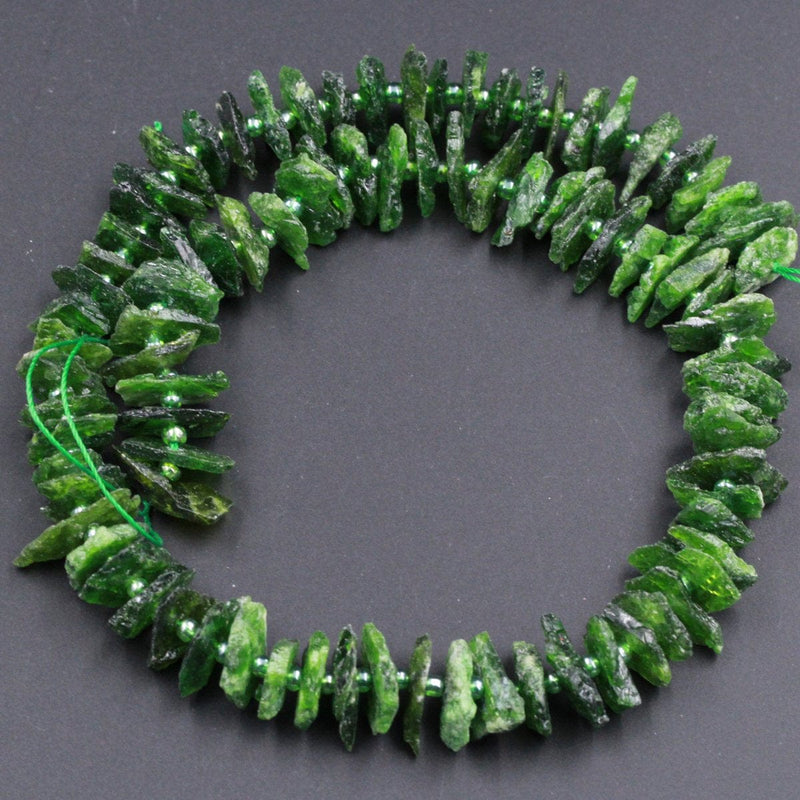 Raw Rough Large Natural Green Chrome Diopside Chip Nugget Unpolished Chrome Diopside Raw Organic Beads Rough Cut 16" Strand