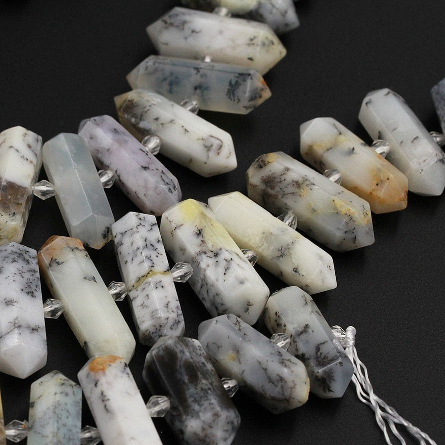 AAA Natural Moss Opal Beads Faceted Double Terminated Pointed Tips Large Healing Focal Pendant Drilled Dendritic Bead Bullet 16" Strand