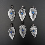 Natural Rough Raw Rock Crystal Quartz Pendants With Blue Druzy Center Hand Hammered 1 1/2 Inch Arrowhead Pendant Focal Bead