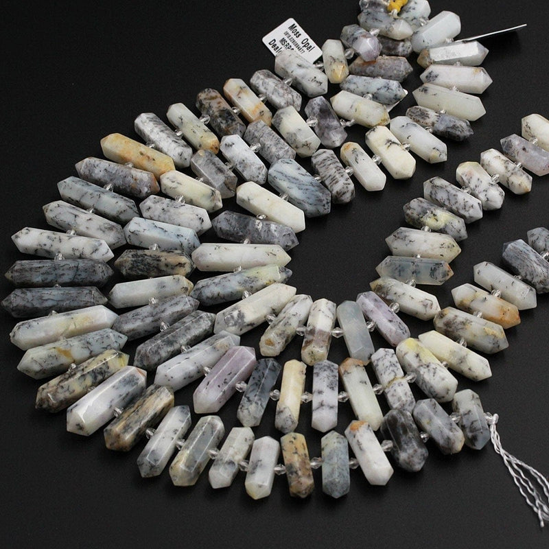 AAA Natural Moss Opal Beads Faceted Double Terminated Pointed Tips Large Healing Focal Pendant Drilled Dendritic Bead Bullet 16" Strand