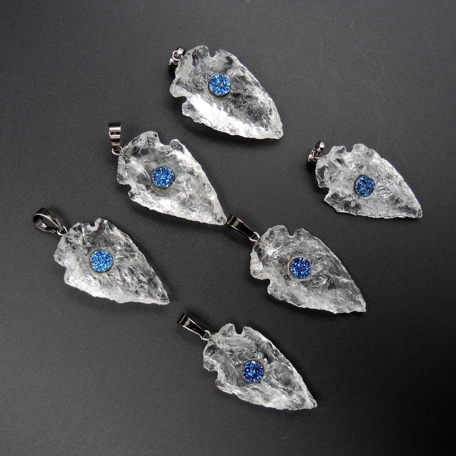 Natural Rough Raw Rock Crystal Quartz Pendants With Blue Druzy Center Hand Hammered 1 1/2 Inch Arrowhead Pendant Focal Bead