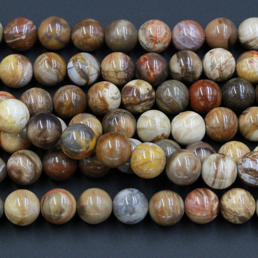 Natural Petrified Wood Beads Fossil Large 14mm Round Beads Earthy Brown Yellow Red Gray Natural Stone 16" Strand