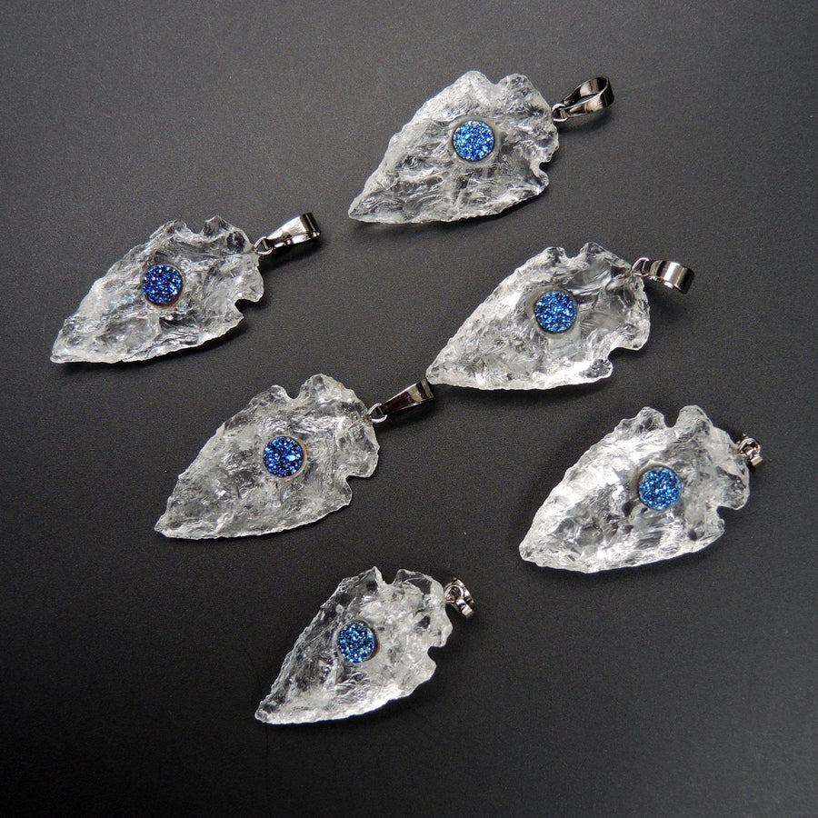 Natural Rough Raw Rock Crystal Quartz Pendants With Blue Druzy Center Hand Hammered 1 1/2 Inch Arrowhead Pendant Focal Bead