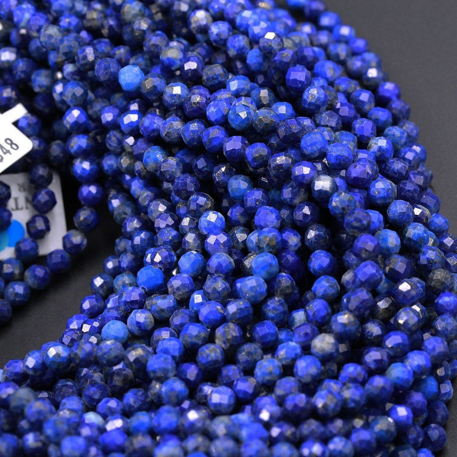 Micro Faceted Natural Blue Lapis 4mm 5mm Faceted Round Beads Small Laser Diamond Cut  Real Genuine Lapis Gemstone High Quality 16" Strand