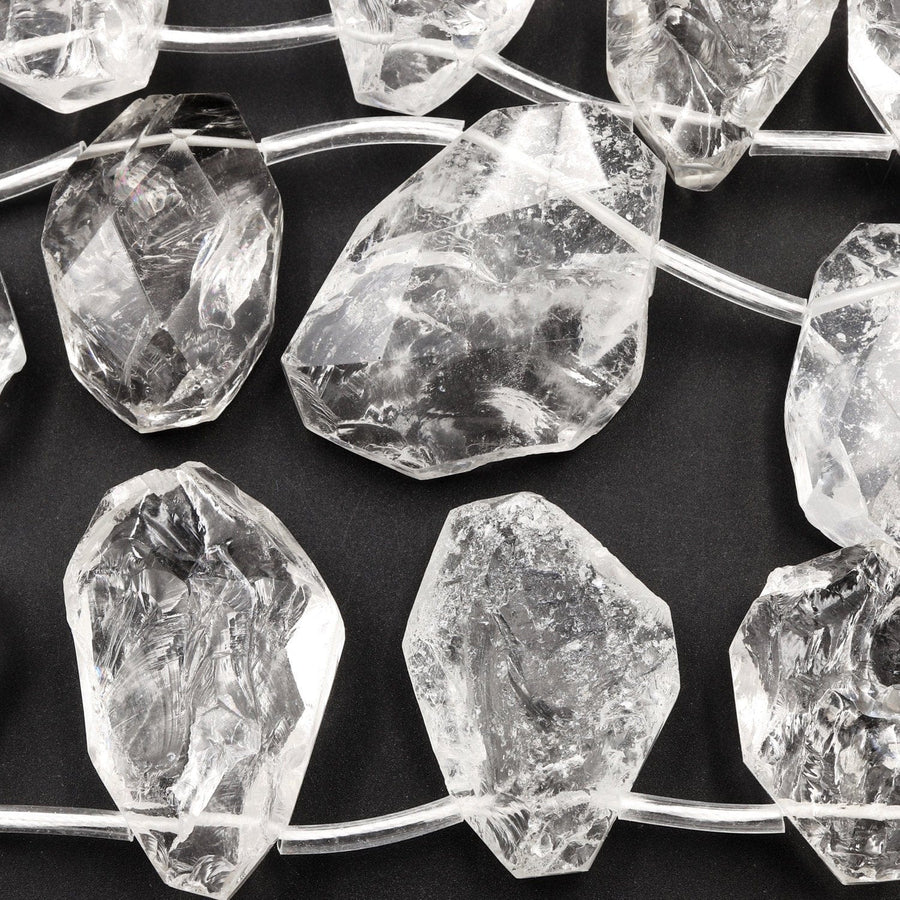 Natural Rock Crystal Quartz Freeform Teardrop Focal Pendant Top Side Drilled Clear Sparkling Gemstone Creative Designer Hand Cut 16" Strand