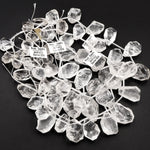 Natural Rock Crystal Quartz Freeform Teardrop Focal Pendant Top Side Drilled Clear Sparkling Gemstone Creative Designer Hand Cut 16" Strand