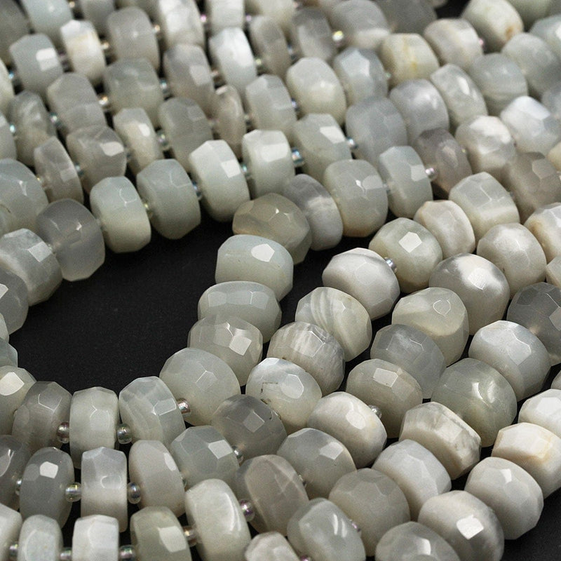Natural White Rainbow Moonstone Beads Large Faceted Wheel Rondelle Neutral Color Silver Gray High Quality Designer Beads Full 16" Strand