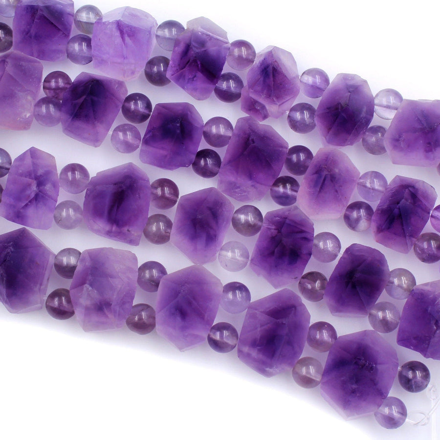 AAA Double Drilled Natural Amethyst Points Beads Pyramid Raw Rough Organic Nugget Rich Purple Gemstone 8" Strand Perfect for Bracelet