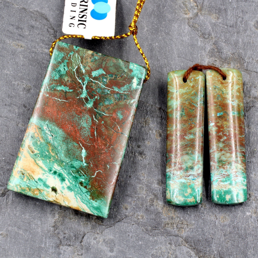 Matching Set Gemstone Earring Pair with Pendant Parrot Wing Chrysocolla Rectangle Pendant with Earrings