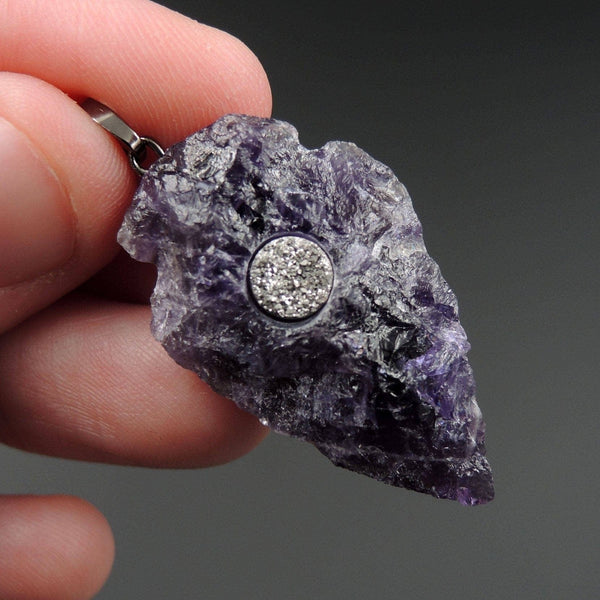Natural Rough Raw Purple Amethyst Pendants With Silver Druzy Inlay Center Hand Hammered Arrowhead Pendant Focal Bead