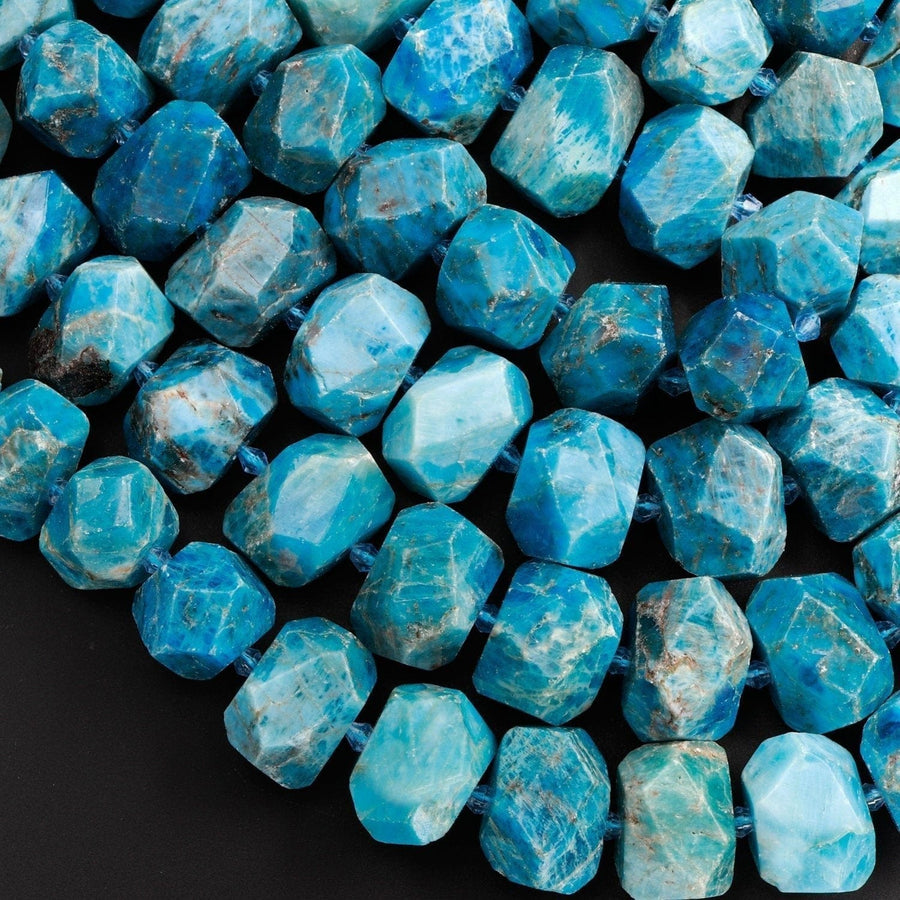 Large Natural Apatite Beads Chunky Faceted Nugget Dark Vibrant Teal Blue Gemstone Designer Beads Unique Gem Cut 16" Strand