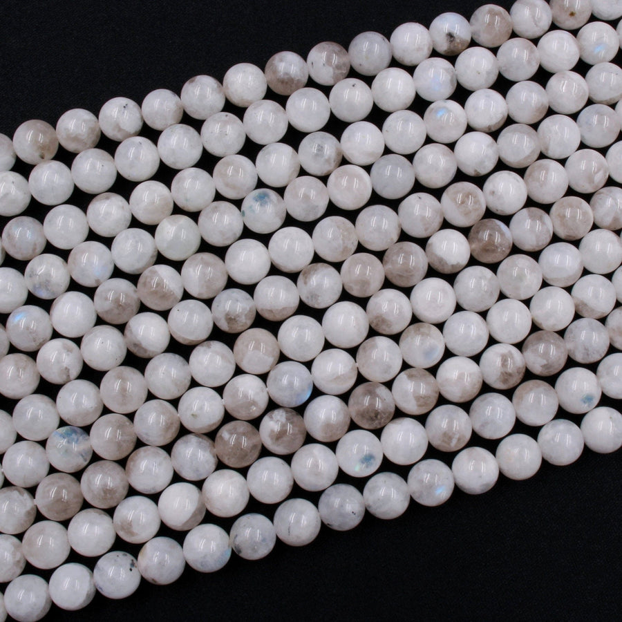 Natural Rainbow Moonstone 8mm Round Beads Blue Flashes W Interesting Smoky Quartz Matrix 16" Strand