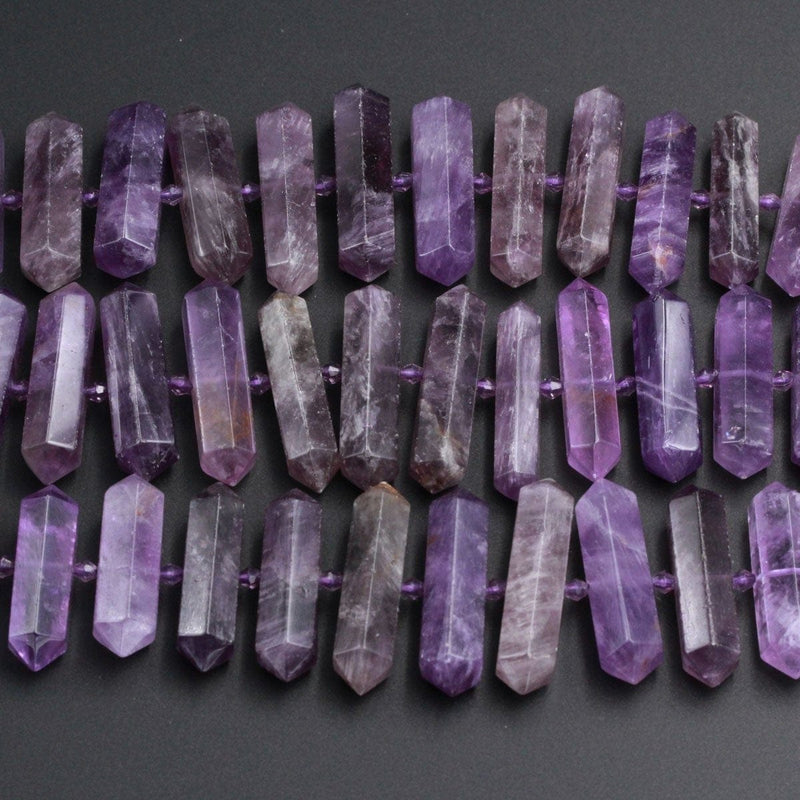 Natural Purple Amethyst Faceted Double Terminated Pointed Beads Center Drilled Large Healing Amethyst Crystal Focal Pendant 16" Strand