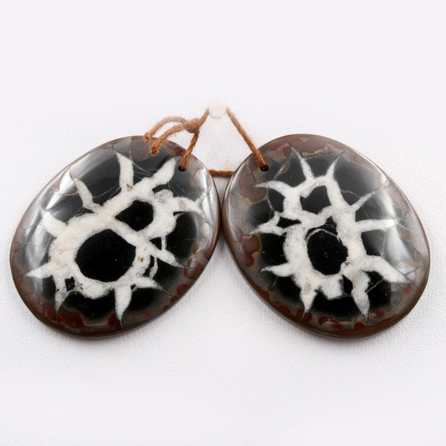 Natural Septarian Fossil Earring Pair Cabochon Cab Pair Drilled Freeform Rounded Matched Earrings Black White Pattern Bead Pair