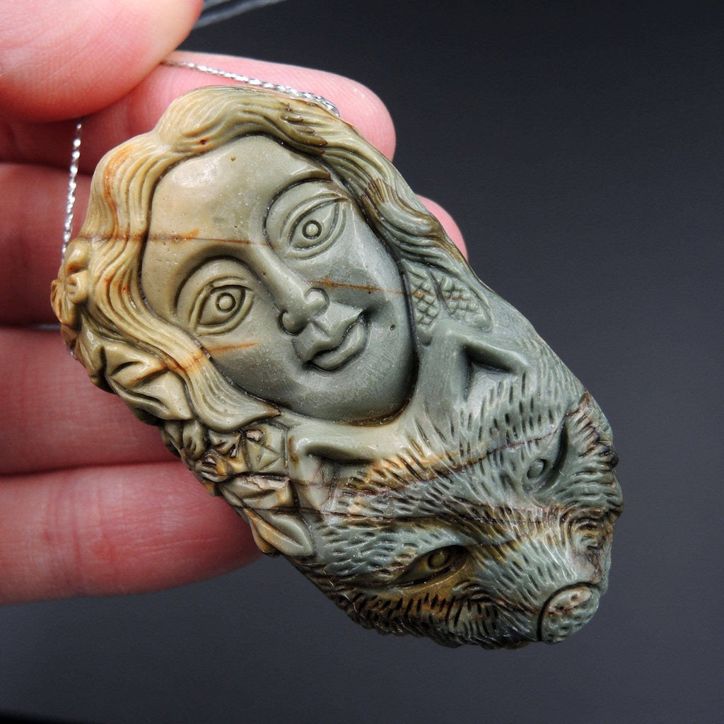 Natural Red Creek Jasper Pendant Hand Carved Wolf Woman Cherry Creek Jasper Pendant Multicolor Drilled Carved Pendant P1101