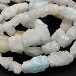 Raw Natural Blue Aquamarine Beads Large Freeform Nugget Hand Hammered Genuine Real Aquamarine Gemstone Pastel Blue Designer Beads 16" Strand