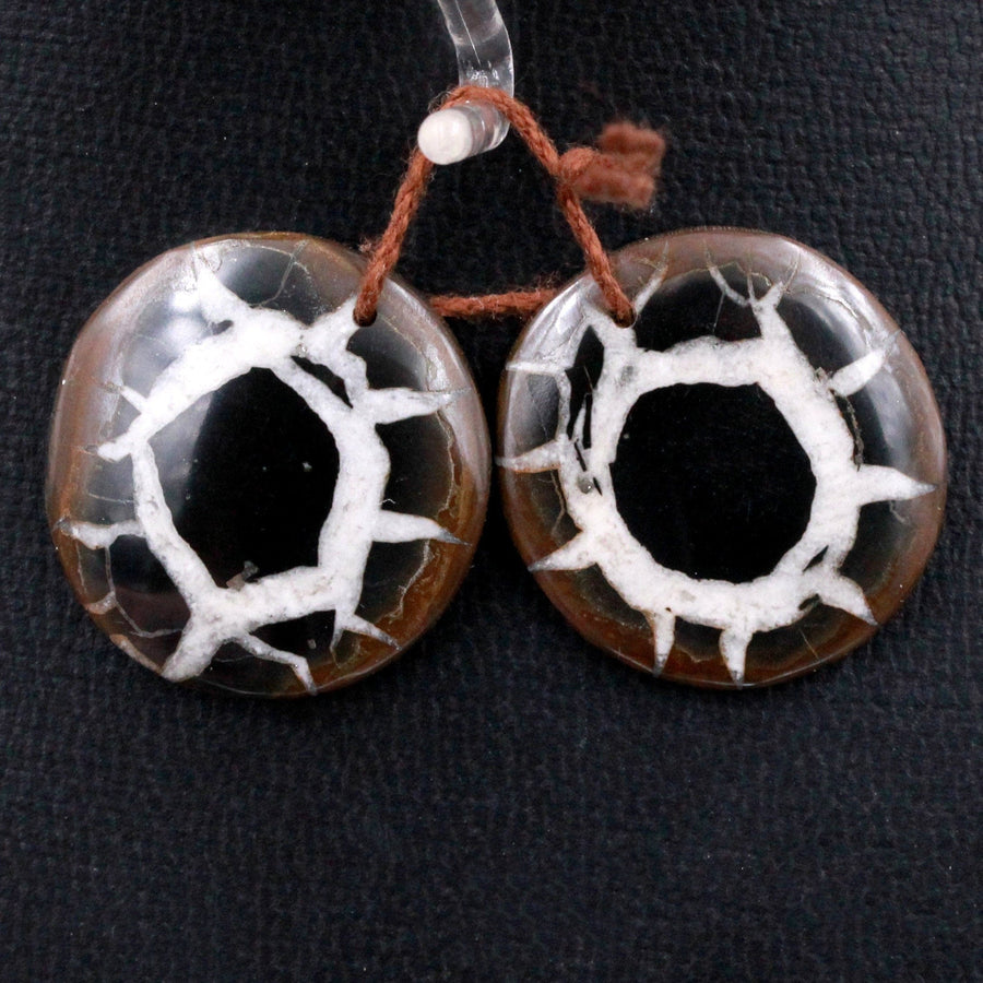 Natural Septarian Fossil Earring Pair Cabochon Cab Pair Drilled Freeform Rounded Matched Earrings Black White Pattern Bead Pair