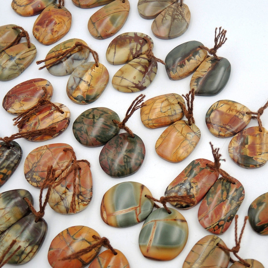 Natural Red Creek Jasper Freeform Earring Pair Cabochon Cab Drilled Matched Gemstone Bead Pair Aka Multicolor Picasso Jasper