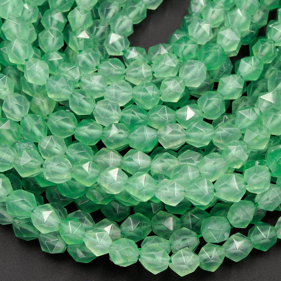 Star Cut Natural Green Chalcedony Beads Faceted 6mm 8mm 10mm Rounded Nugget Sharp Facets 15" Strand