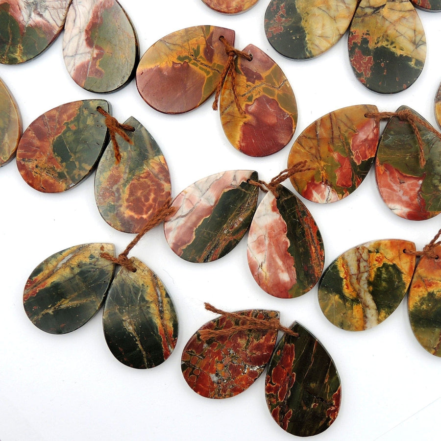 Natural Red Creek Jasper Earring Pair Cabochon Drilled Long Flat Teardrop Matched Gemstone Bead Pair Aka Multicolor Picasso Jasper