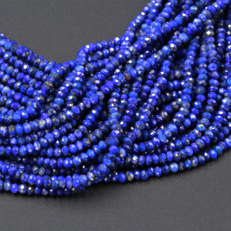 Micro Faceted Natural Blue Lapis Lazuli Rondelle Beads Tiny Small 2mm 3mm 4mm Faceted Beads Diamond Cut Gemstone 16" Strand