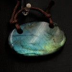 Natural Labradorite Freeform Oval Pendant Unique 2 Hole Pendant Tones of Blue Green Gold Flashes Hand Cut Drilled Gemstone Bead