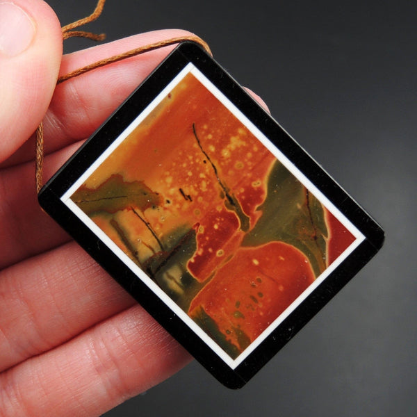 Intarsia Pendant Natural Red Creek Jasper W Black Onyx Inlay Side Drilled Rectangle Pendant Multi Color Picasso Jasper Picture Frame P1645
