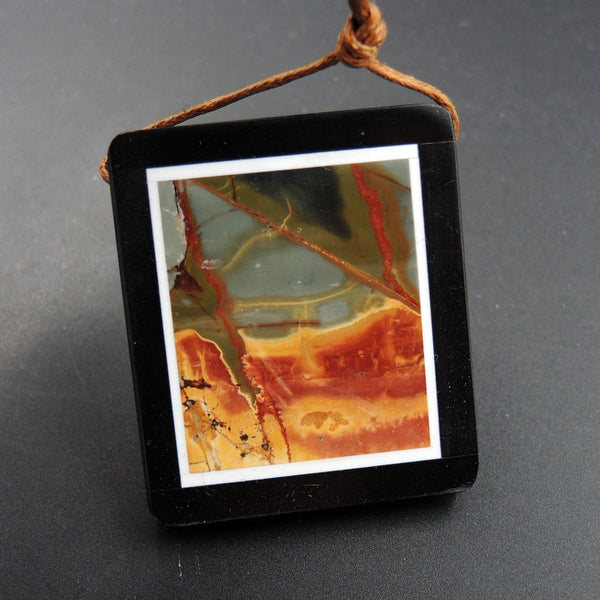 Intarsia Pendant Natural Red Creek Jasper W Black Onyx Inlay Side Drilled Rectangle Pendant Multi Color Picasso Jasper Picture Frame P1638