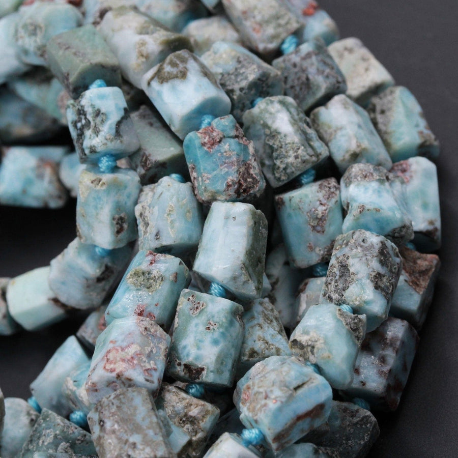 Large Matte Natural Blue Larimar Tube Beads Nugget Raw Rough Frosty Organic Red Iron Faceted Thick Rectangle Cylinder Gemstone 16" Strand
