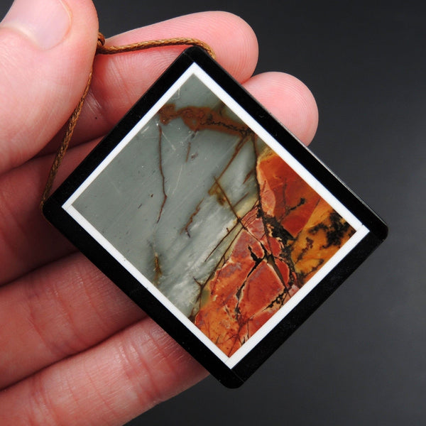 Intarsia Pendant Natural Red Creek Jasper W Black Onyx Inlay Side Drilled Rectangle Pendant Multi Color Picasso Jasper Picture Frame P1635