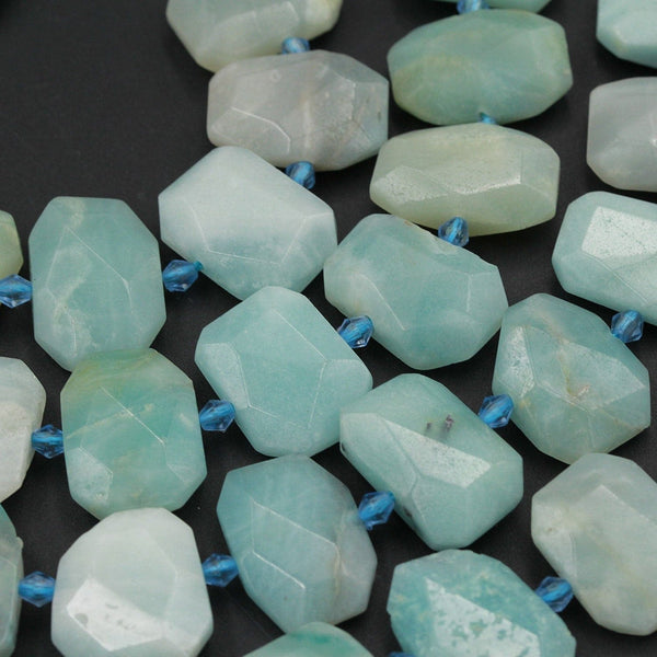 Natural Amazonite Faceted Rectangle Flat Cushion Nugget Center Drilled Octagon Natural Blue Amazonite Bead 16" Strand