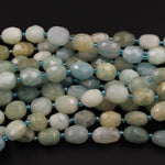 Natural Aquamarine Faceted Oval Pebble Beads Freeform Nuggets Mulicolor Blue Green Yellow Aquamarine Beads 16" Strand