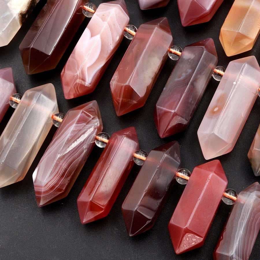 Rare Botswana Red Agate Beads Faceted Double Terminated Points Top Side Drilled Large Healing Natural Red Crystal Focal Pendant 16" Strand