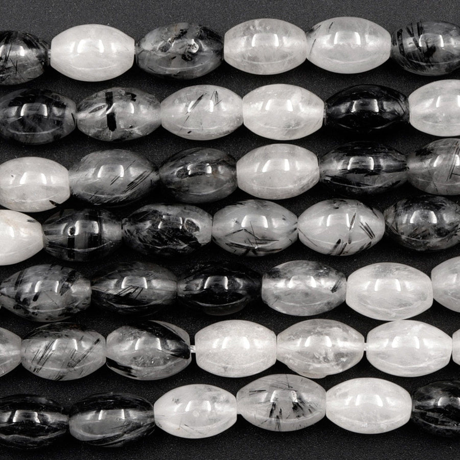 Black Rutilated Quartz Barrel Drum Cylinder Beads 9mm 10mm 16mm Natural Black Tourmaline Rutile in Clear Crystal Quartz Gemstone 16" Strand