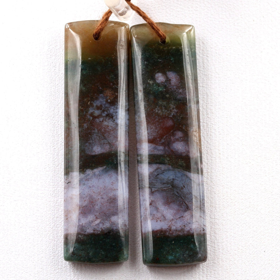 Drilled Gemstone Pair Natural Green Red Indian Agate Rectangle Cabochon Cab Pair Matched Earrings Bead Pair Natural Stone