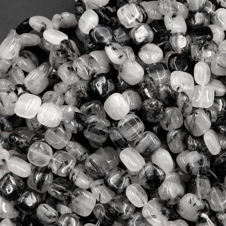 Black Rutilated Quartz Square Beads 10mm Black Tourmaline Rutile Quartz Smooth Coin Black Semi Precious Gemstone 16" Strand
