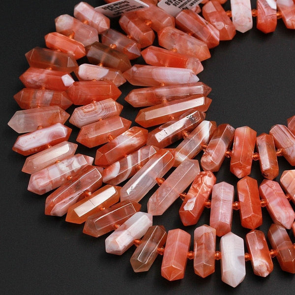 Rare Red Moroccan Agate Faceted Double Terminated Pointed Beads Drilled Large Healing Natural Red Crystal Focal Pendant Bead 16" Strand