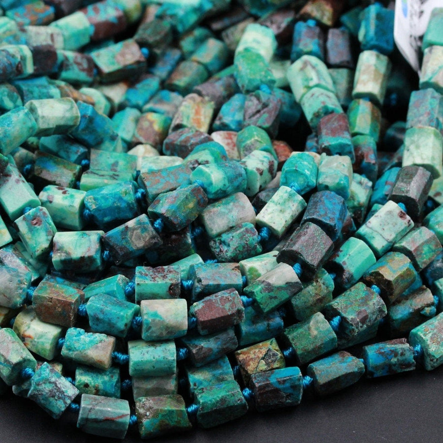 Organic Cut Rough Raw Natural Chrysocolla Rectangle Nugget Hand Cut Matte Faceted Tube Blue Green Gemstone Nugget Freeform Beads 16" Strand