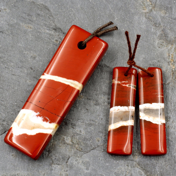 Matching Set Gemstone Earring Pair with Pendant Red River Jasper Rectangle Pendant with Earrings